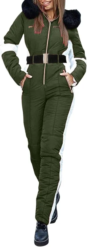 Women Winter One Piece Ski Suits Outdoor Sports Snowsuit Fur Collar Coat Jumpsuit with Hoodies Ski Jackets and Pants