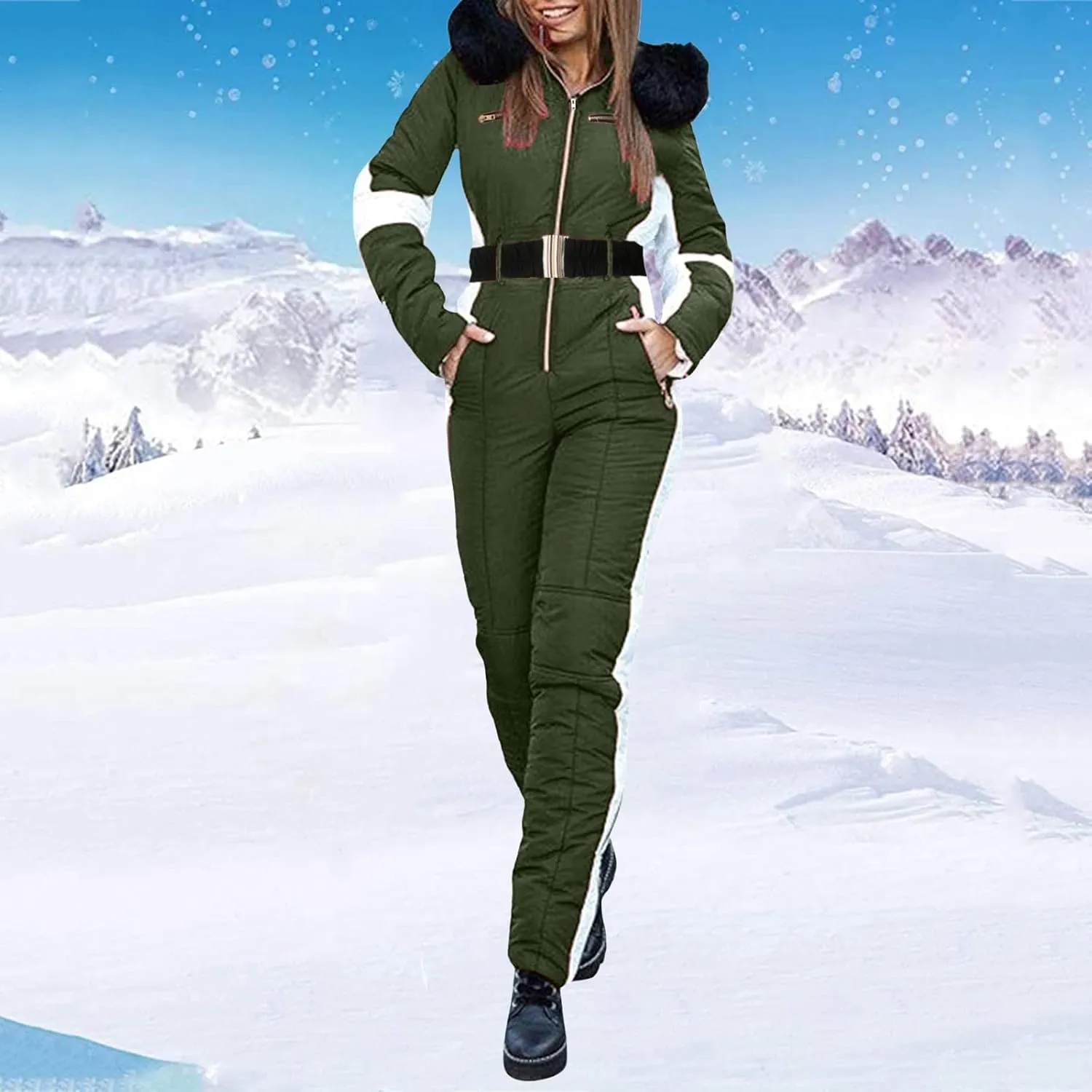Women Winter One Piece Ski Suits Outdoor Sports Snowsuit Fur Collar Coat Jumpsuit with Hoodies Ski Jackets and Pants