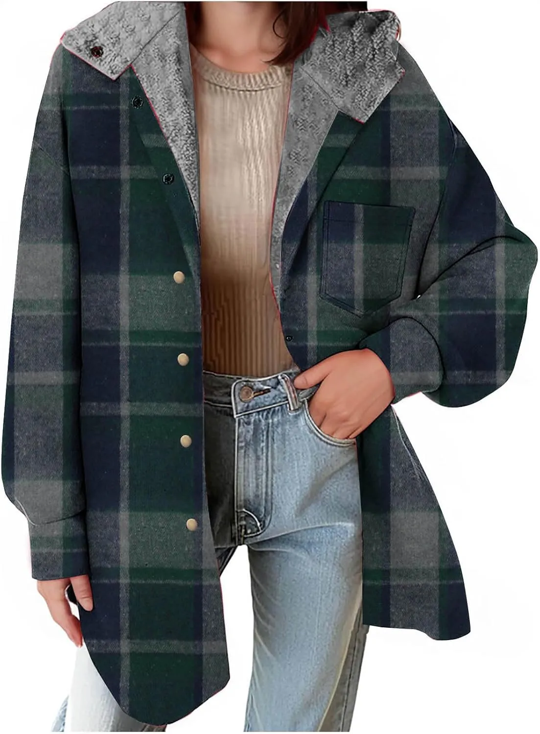 Women Wool Blend Trench Coat Plaid Trench Coat Fleece Sherpa Lined Shacket Jacket Hooded Oversized Color Block Hoodie