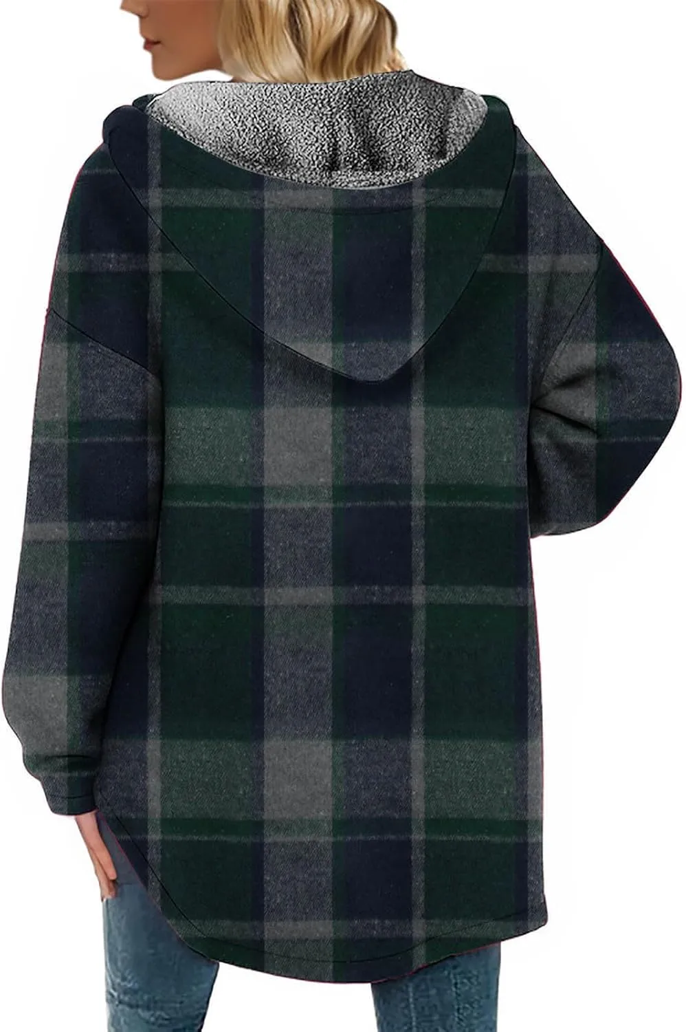 Women Wool Blend Trench Coat Plaid Trench Coat Fleece Sherpa Lined Shacket Jacket Hooded Oversized Color Block Hoodie