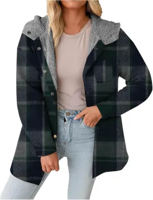 Women Wool Blend Trench Coat Plaid Trench Coat Fleece Sherpa Lined Shacket Jacket Hooded Oversized Color Block Hoodie