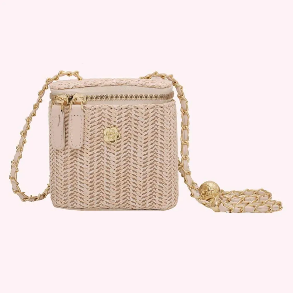 Women Woven Crossbody Bag with Chain Weaving Beach Handbag Straw Bucket Satchel Bag Ladies Summer Daily Bag