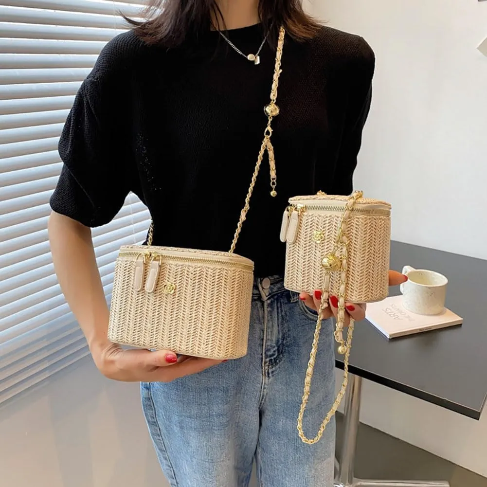 Women Woven Crossbody Bag with Chain Weaving Beach Handbag Straw Bucket Satchel Bag Ladies Summer Daily Bag
