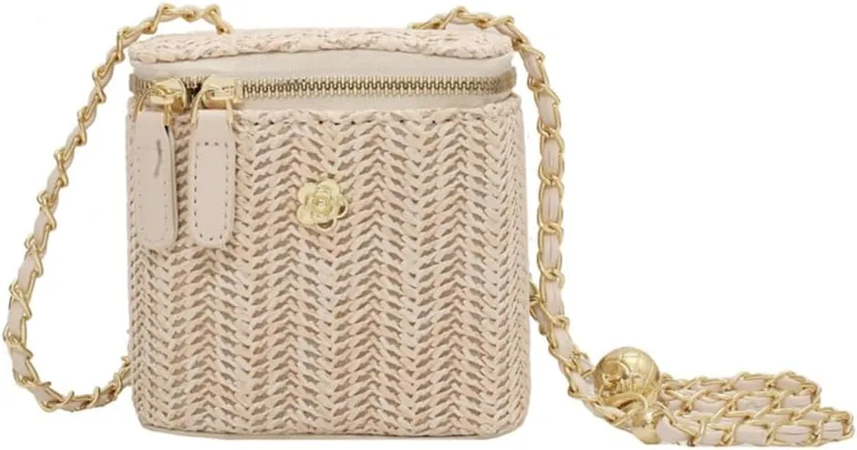 Women Woven Crossbody Bag with Chain Weaving Beach Handbag Straw Bucket Satchel Bag Ladies Summer Daily Bag