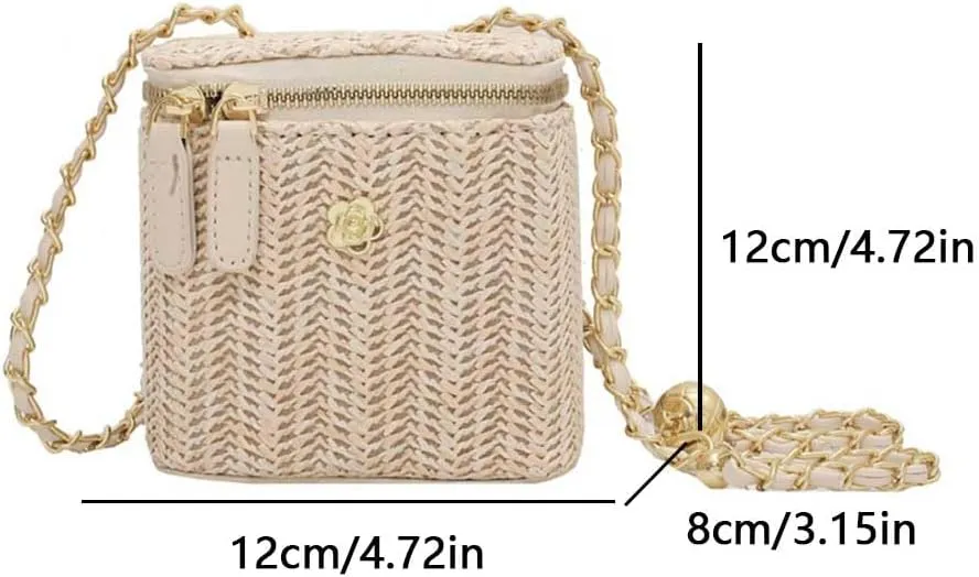 Women Woven Crossbody Bag with Chain Weaving Beach Handbag Straw Bucket Satchel Bag Ladies Summer Daily Bag