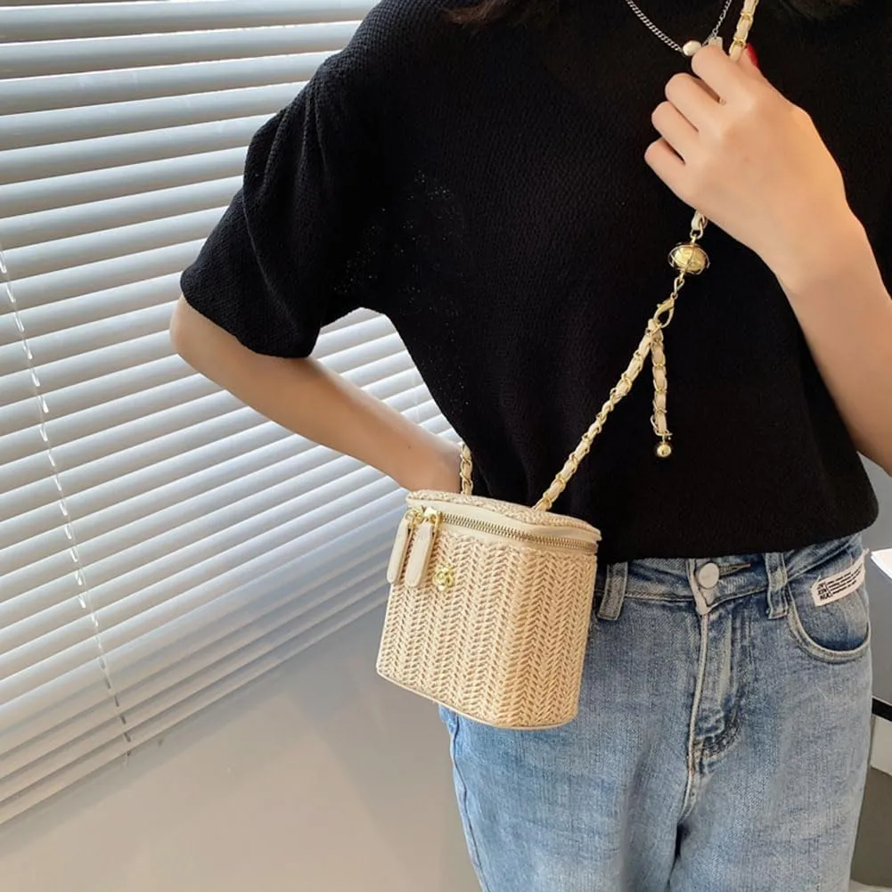 Women Woven Crossbody Bag with Chain Weaving Beach Handbag Straw Bucket Satchel Bag Ladies Summer Daily Bag