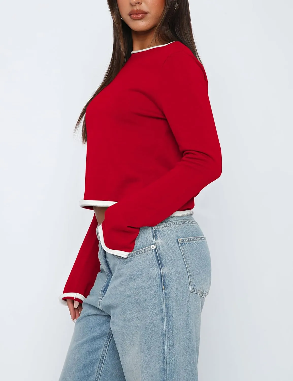 Women Y2k Colorblock Oversized Cropped Sweater Knitwear Shirts Cute Long Sleeve Crewneck Pullover Knit Crop Tops