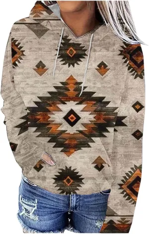 Womens Aztec Ethic Graphic Sweatshirt Western Shirts Hoodies Casual Fall Tops Pullover Cow Country Vintage Outfit