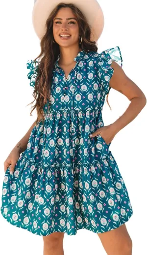 Women's Blue Retro Floral Print Ruffle Short Sleeve Mini Dress