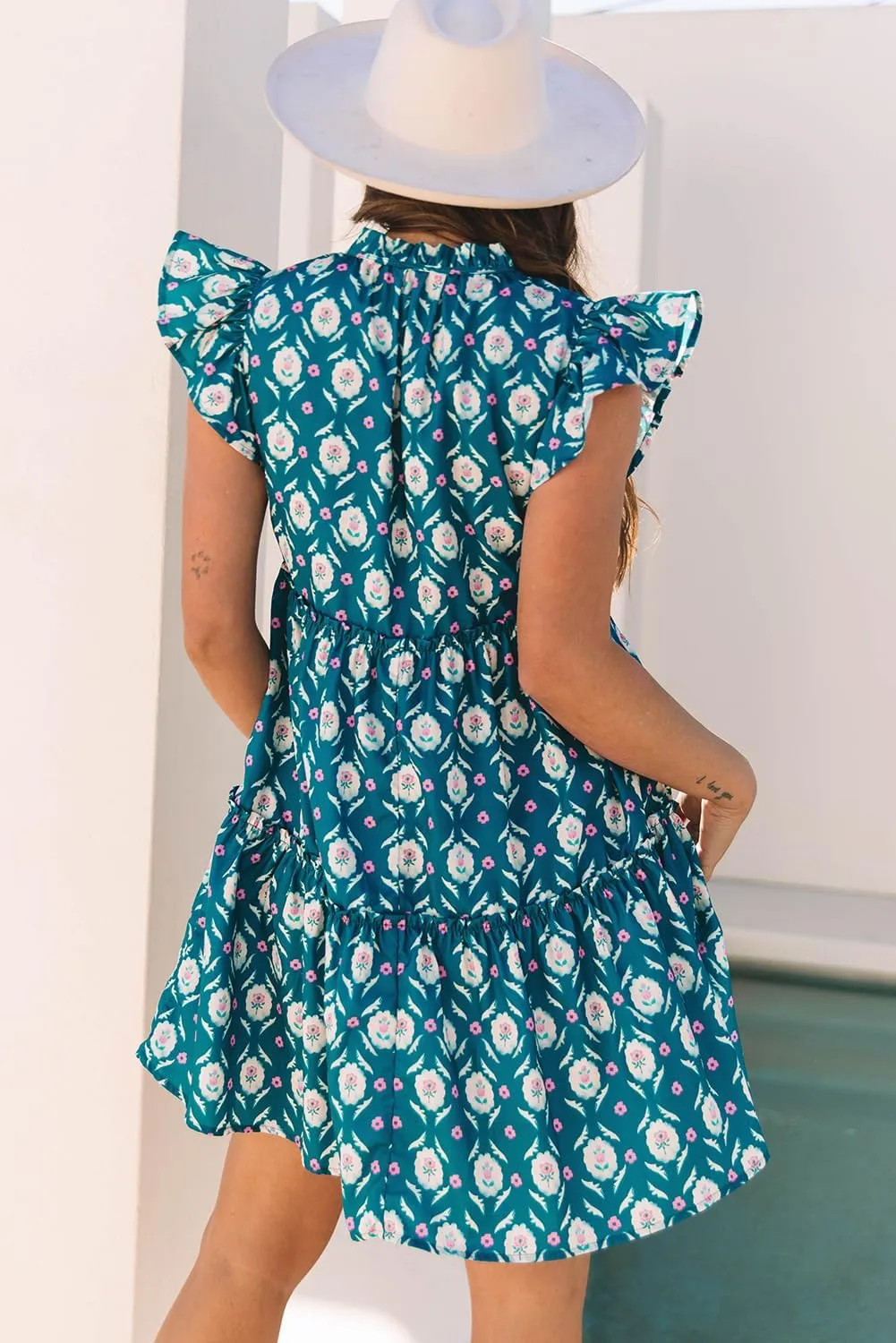 Women's Blue Retro Floral Print Ruffle Short Sleeve Mini Dress
