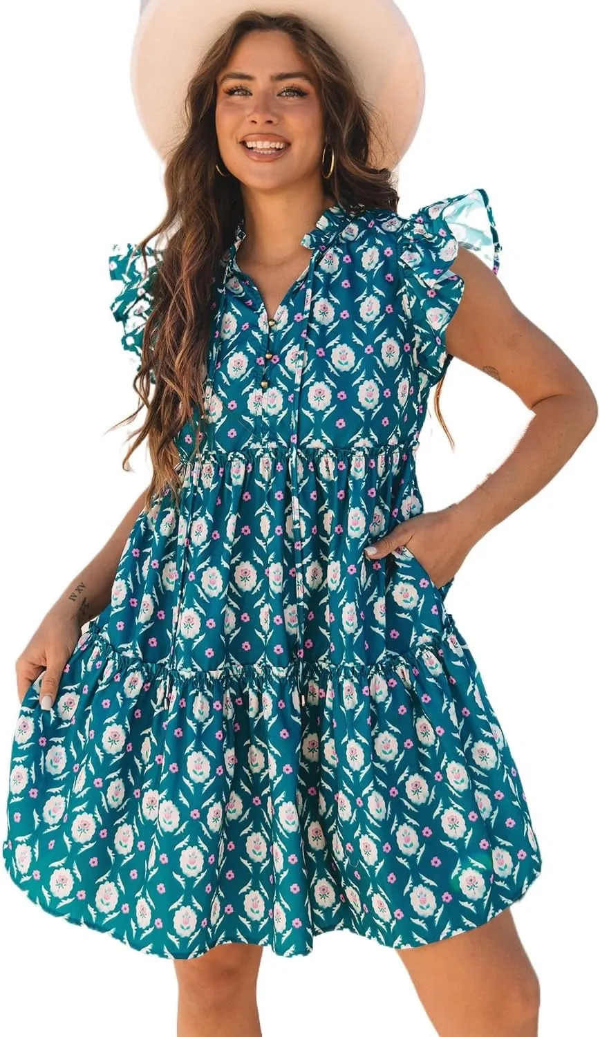 Women's Blue Retro Floral Print Ruffle Short Sleeve Mini Dress