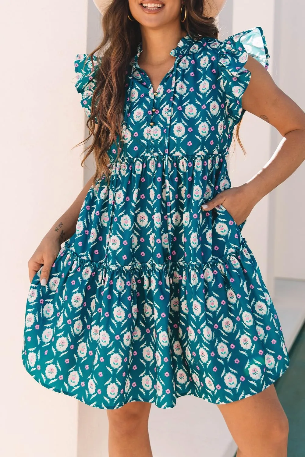 Women's Blue Retro Floral Print Ruffle Short Sleeve Mini Dress