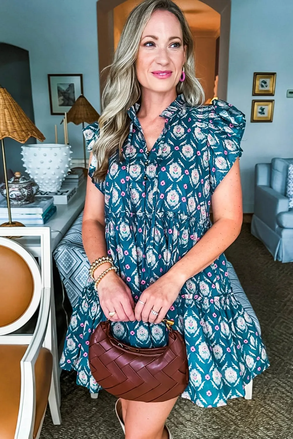 Women's Blue Retro Floral Print Ruffle Short Sleeve Mini Dress