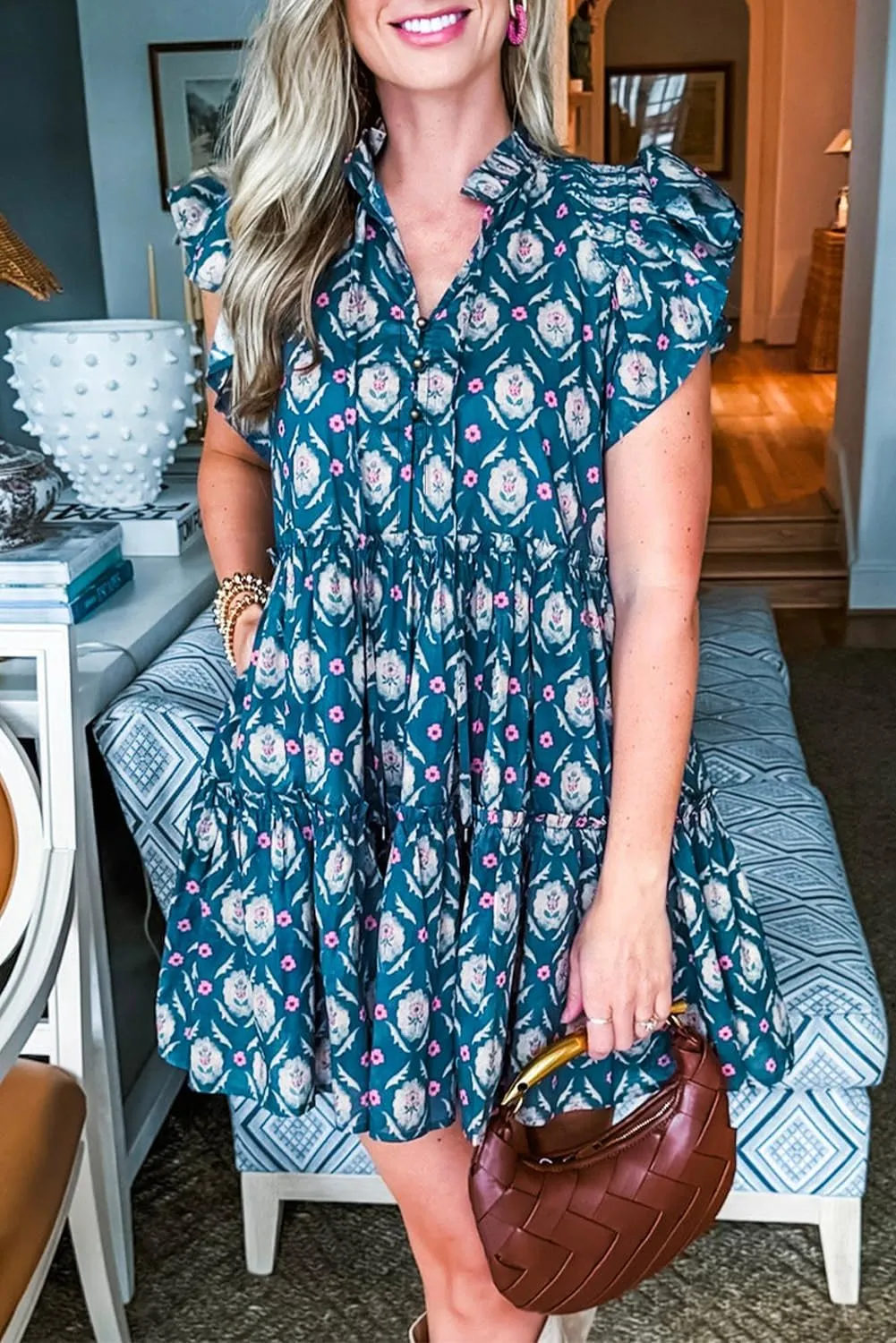 Women's Blue Retro Floral Print Ruffle Short Sleeve Mini Dress