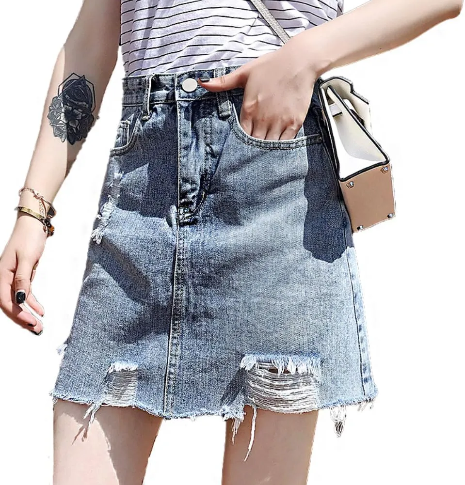 Women's Bodycon Denim Mini Skirt - High-Waisted, Casual, Washed, Frayed, Stretchy Jean Skirt with Pockets