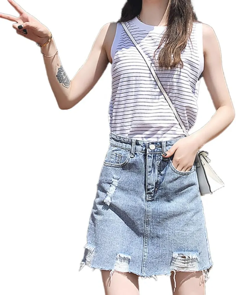 Women's Bodycon Denim Mini Skirt - High-Waisted, Casual, Washed, Frayed, Stretchy Jean Skirt with Pockets