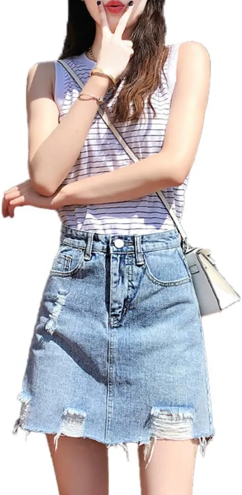 Women's Bodycon Denim Mini Skirt - High-Waisted, Casual, Washed, Frayed, Stretchy Jean Skirt with Pockets