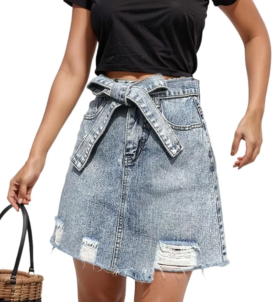 Women's Bodycon Denim Mini Skirt - High-Waisted, Casual, Washed, Frayed, Stretchy Jean Skirt with Pockets