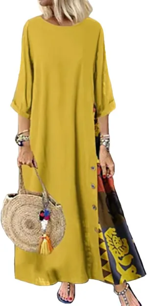 Women's Boho Floral Ethnic Cotton Linen Maxi Dresses 3/4 Sleeve Flowy Loose Casual Long Dress Plus Size
