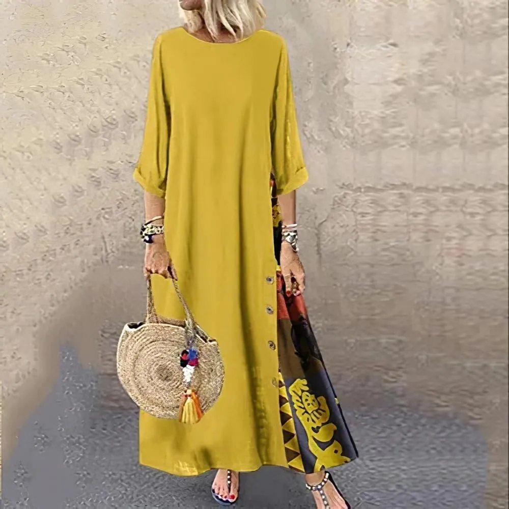 Women's Boho Floral Ethnic Cotton Linen Maxi Dresses 3/4 Sleeve Flowy Loose Casual Long Dress Plus Size