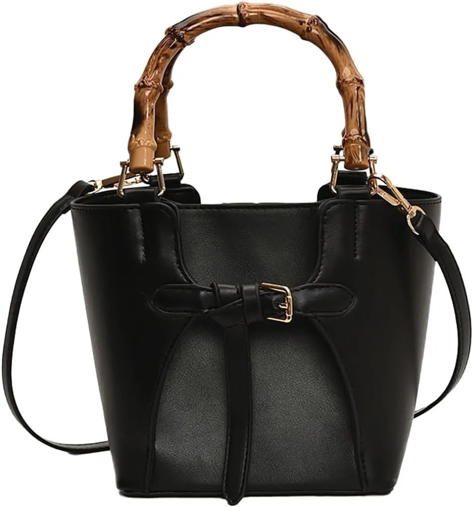 Womens Bucket Bag Trendy Crossbody Bags For Women Vegan Leather Bamboo Handle Shoulder Handbags Spring Summer Travel Purse