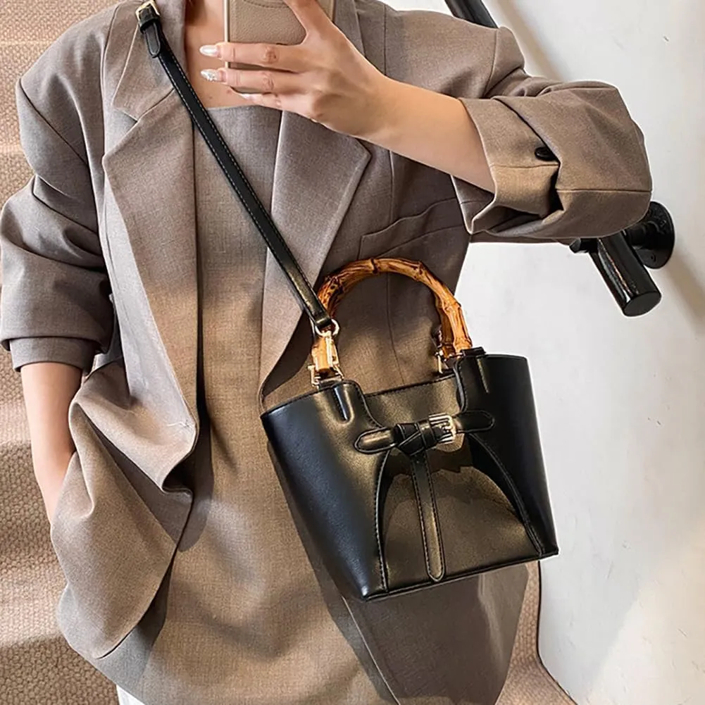 Womens Bucket Bag Trendy Crossbody Bags For Women Vegan Leather Bamboo Handle Shoulder Handbags Spring Summer Travel Purse