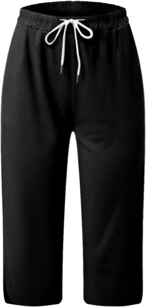 Women's Capri Pants Slimming Elastic Waist Summer Trendy Casual Trousers High Waisted Drawstring Yoga Pants with Pockets