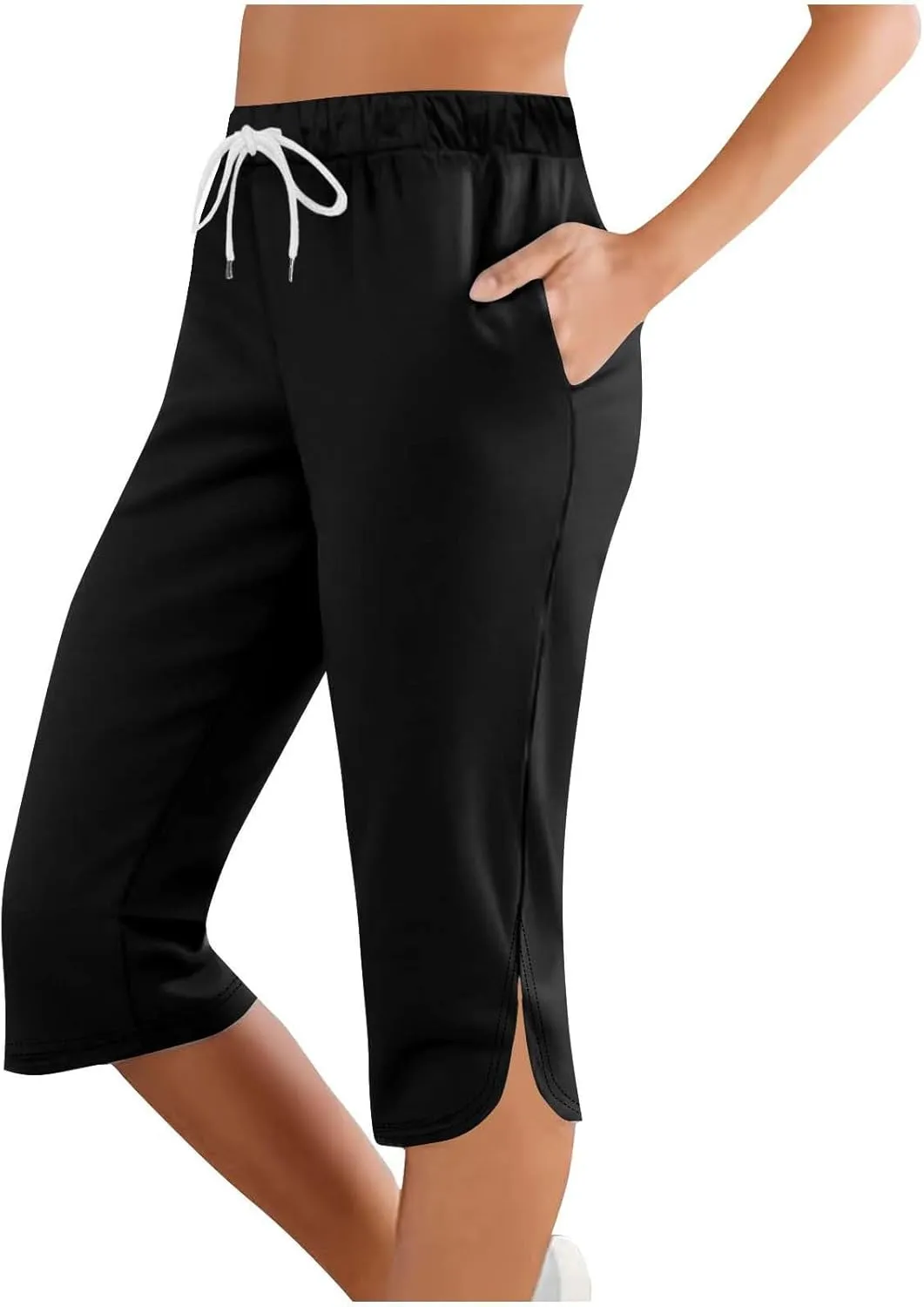 Women's Capri Pants Slimming Elastic Waist Summer Trendy Casual Trousers High Waisted Drawstring Yoga Pants with Pockets