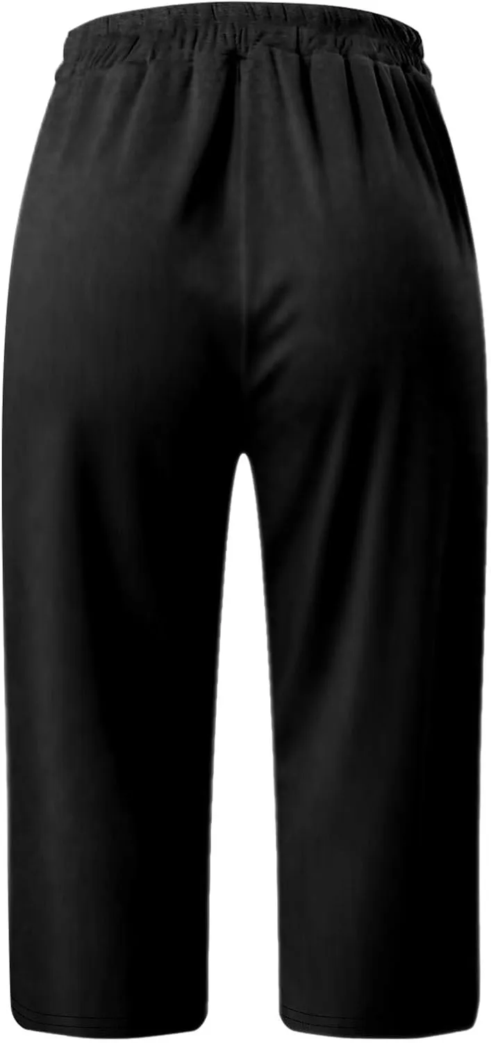 Women's Capri Pants Slimming Elastic Waist Summer Trendy Casual Trousers High Waisted Drawstring Yoga Pants with Pockets