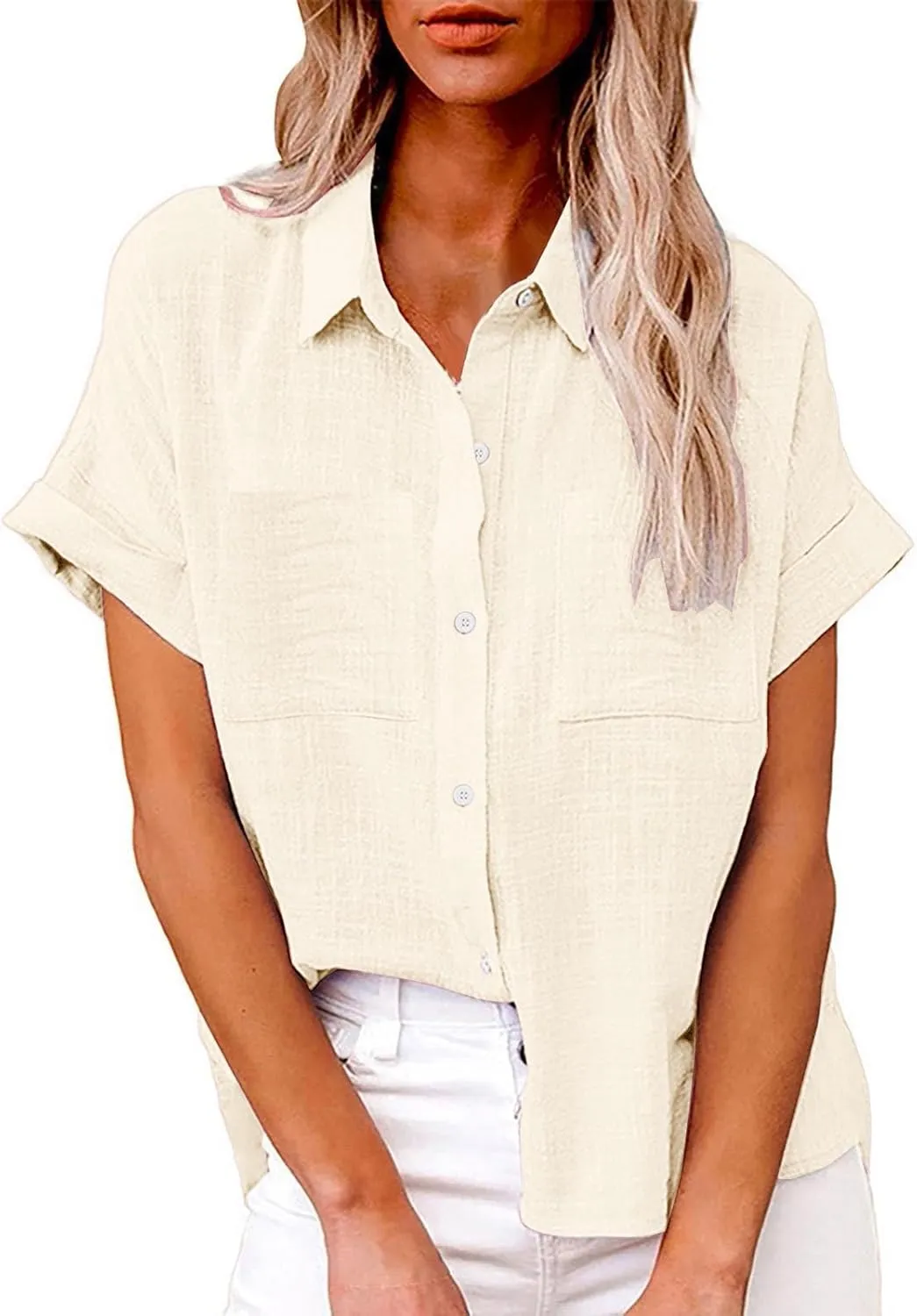 Womens Casual Blouse Button Fly Lapel Collar Short Sleeve Linen Beach Tunics Summer Loose Side Slit Tops with Pockets