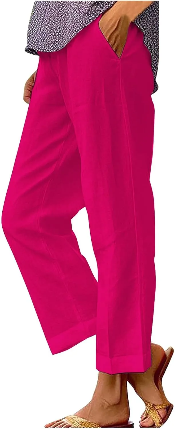 Womens Casual Boho Linen Pants Floral Cotton Linen Casual Pants Drawstring Linen Pants Women Women's Cotton Linen