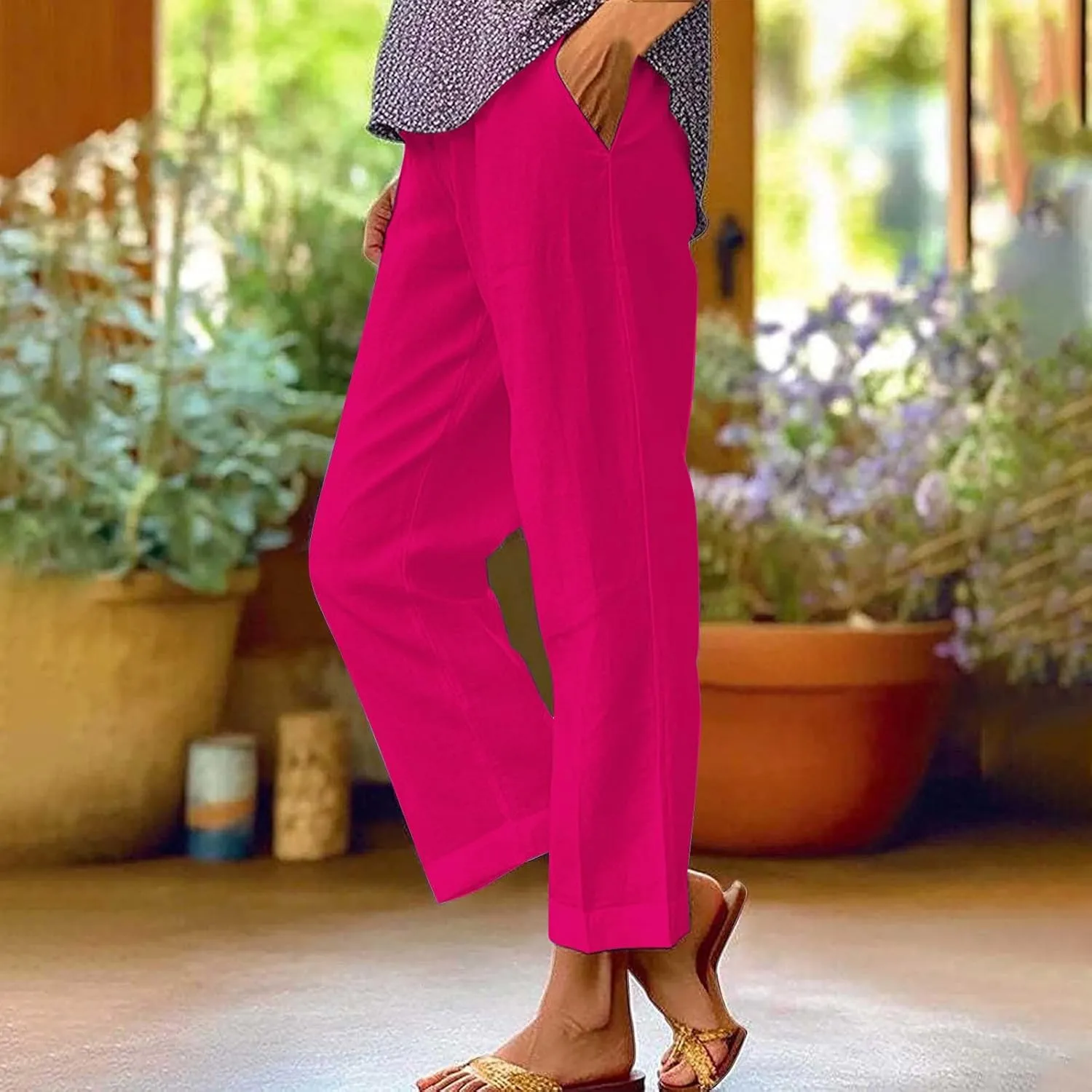 Womens Casual Boho Linen Pants Floral Cotton Linen Casual Pants Drawstring Linen Pants Women Women's Cotton Linen