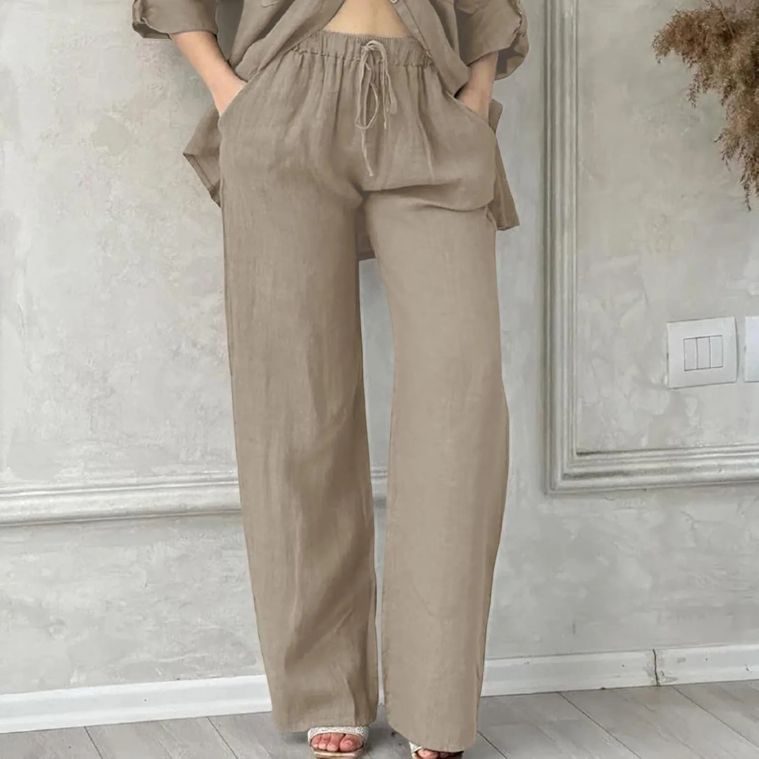 Womens Casual Cotton Linen Pants Lightweight Summer Relax Fit Elastic Waisted Plus Size Solid Lounge Long Trousers