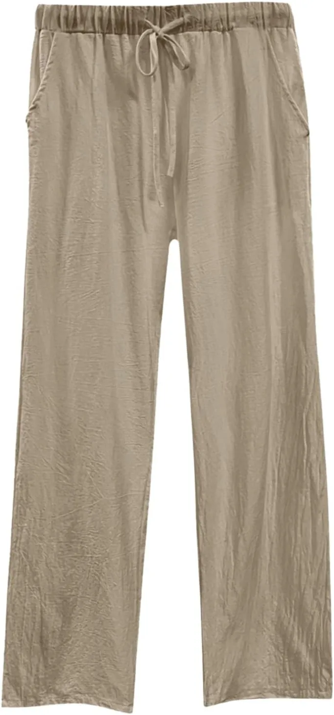 Womens Casual Cotton Linen Pants Lightweight Summer Relax Fit Elastic Waisted Plus Size Solid Lounge Long Trousers