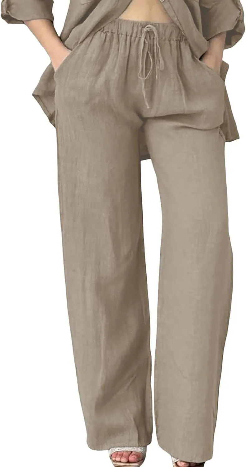 Womens Casual Cotton Linen Pants Lightweight Summer Relax Fit Elastic Waisted Plus Size Solid Lounge Long Trousers