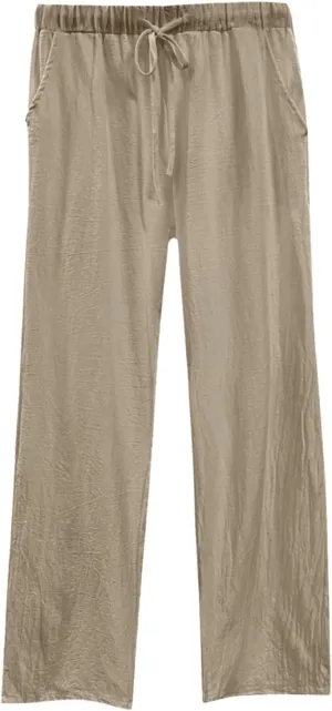 Womens Casual Cotton Linen Pants Lightweight Summer Relax Fit Elastic Waisted Plus Size Solid Lounge Long Trousers