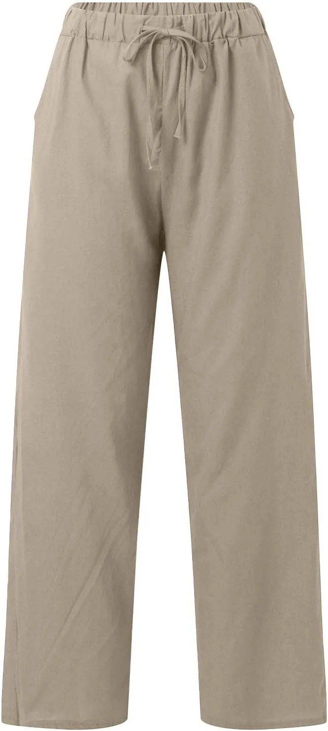 Womens Casual Cotton Linen Pants Lightweight Summer Relax Fit Elastic Waisted Plus Size Solid Lounge Long Trousers