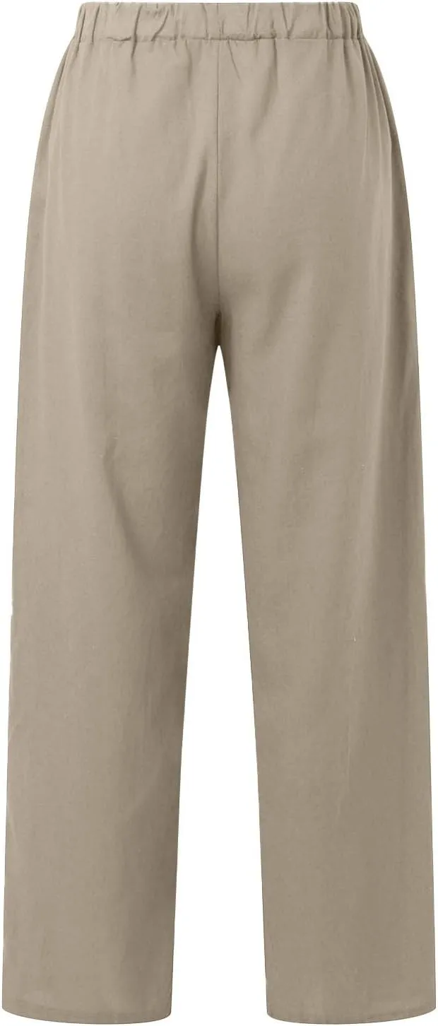 Womens Casual Cotton Linen Pants Lightweight Summer Relax Fit Elastic Waisted Plus Size Solid Lounge Long Trousers
