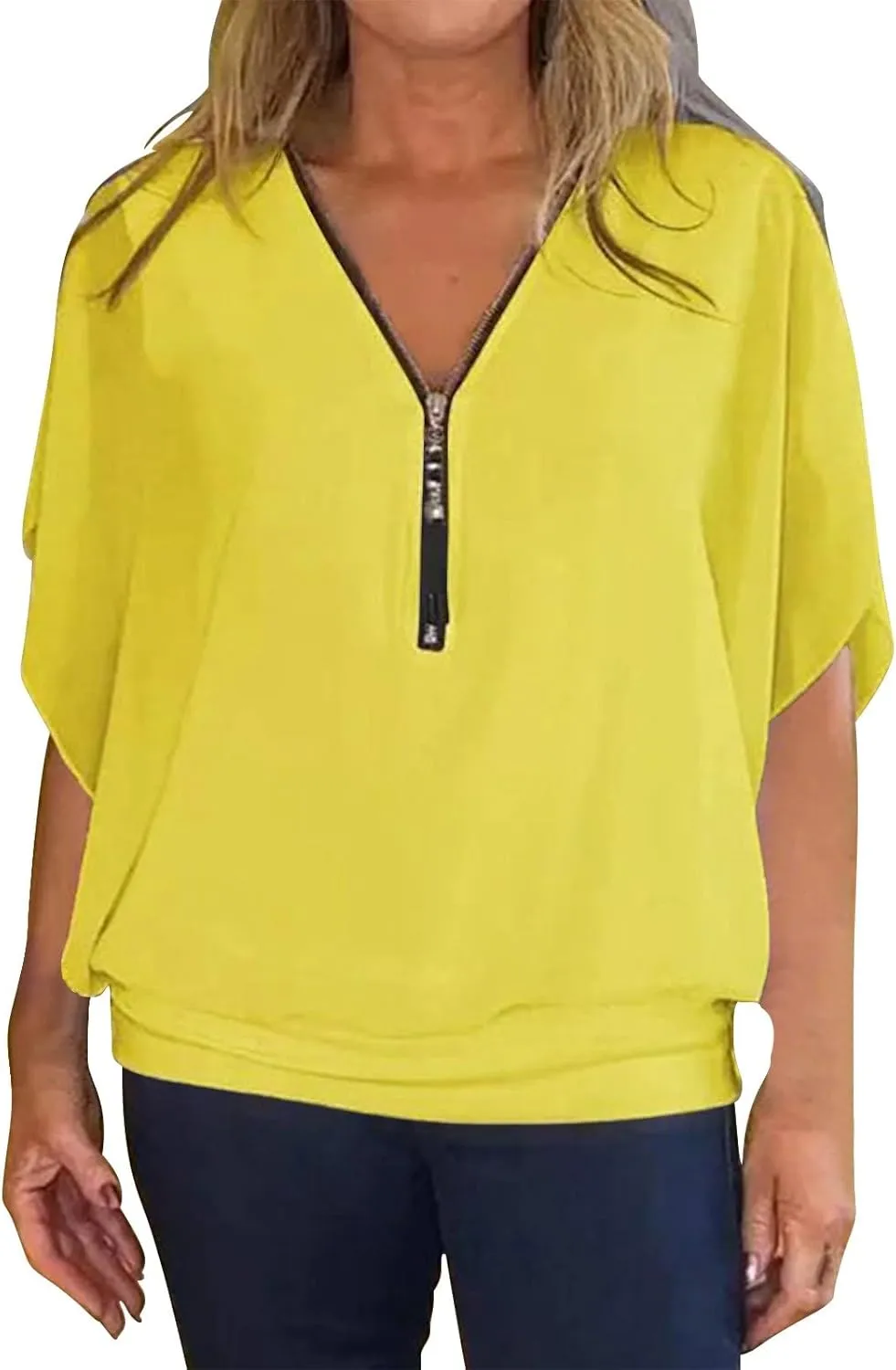 Women's Casual Short Sleeve Tops Shirt Ladies V Neck Zipper Loose Solid Color Work Office T-Shirt Blouse Tee Top