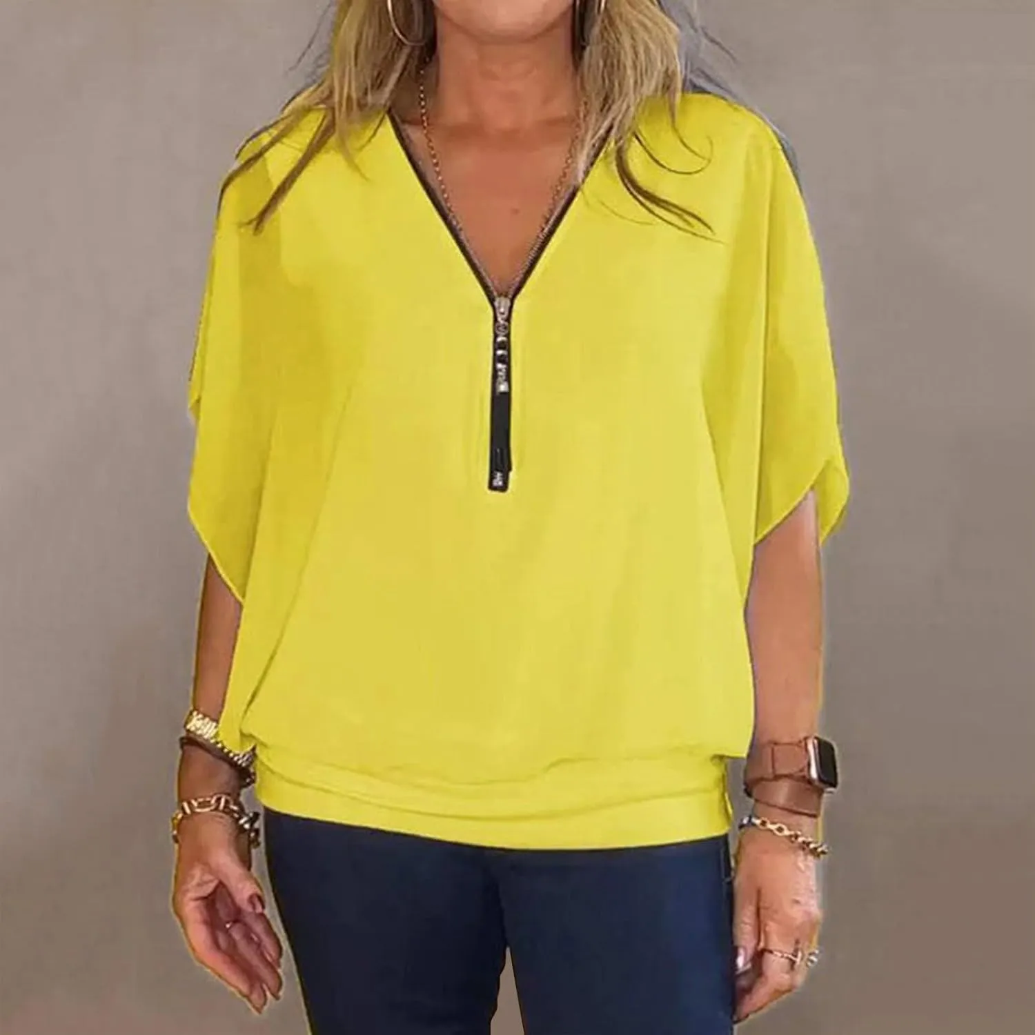 Women's Casual Short Sleeve Tops Shirt Ladies V Neck Zipper Loose Solid Color Work Office T-Shirt Blouse Tee Top