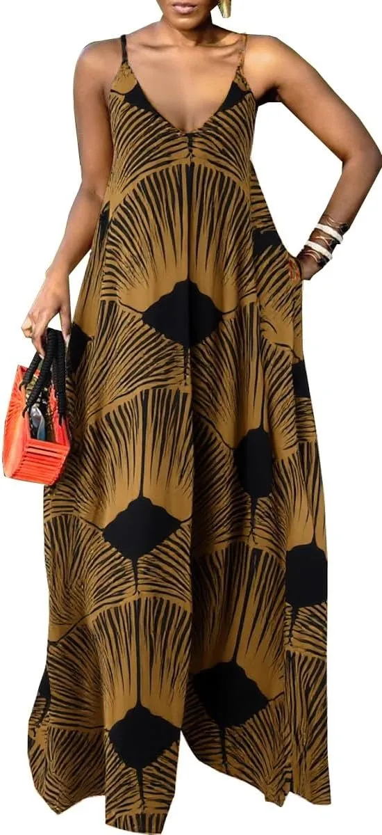 Women's Casual Summer Jumpsuits Sexy Loose Spaghetti Strap Floral Print Jumpsuit Wide Leg Pants Rompers with Pockets