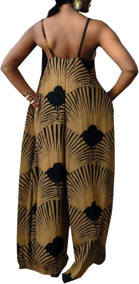 Women's Casual Summer Jumpsuits Sexy Loose Spaghetti Strap Floral Print Jumpsuit Wide Leg Pants Rompers with Pockets