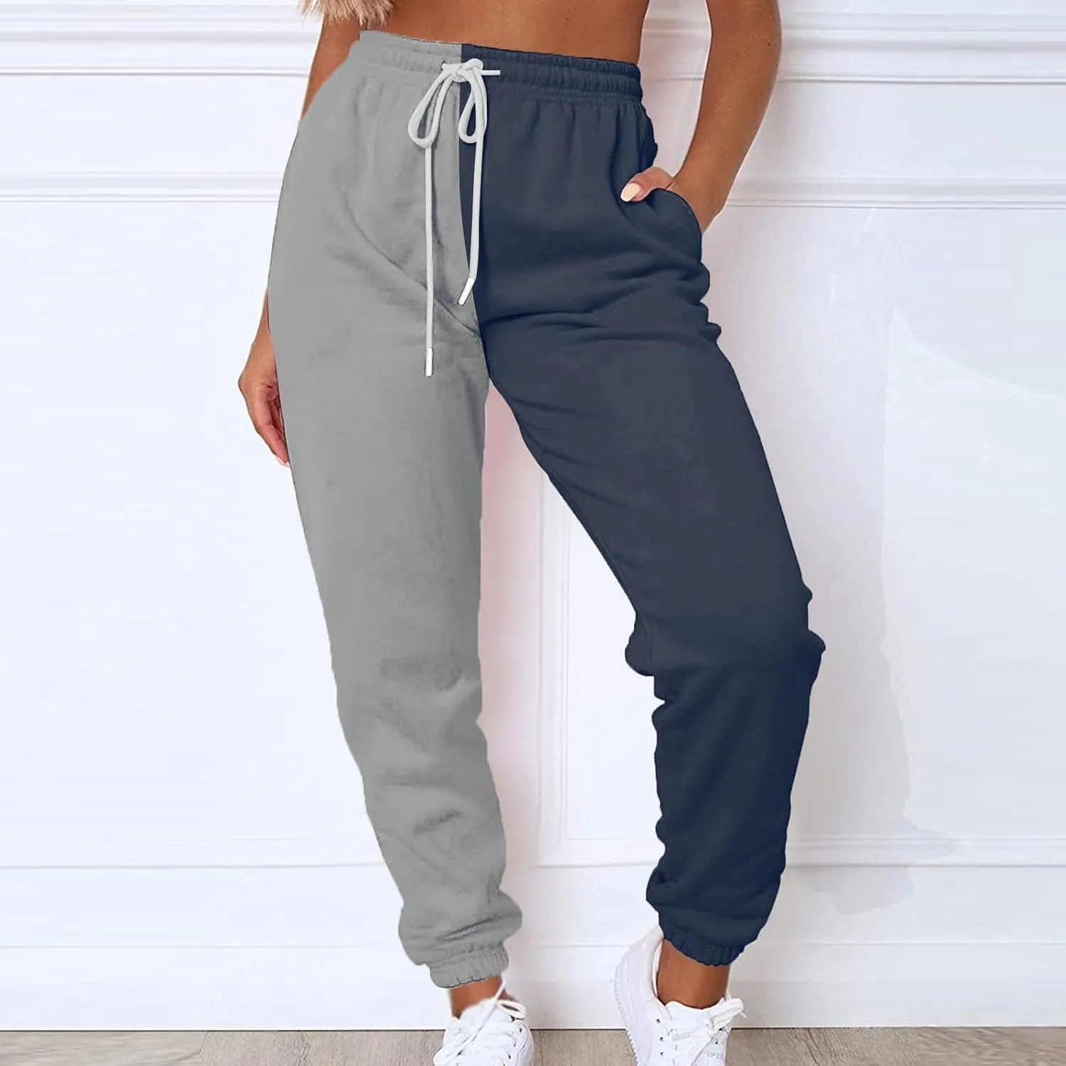 Women's Color Block Sweatpants Patchwork Trouser Elastic High Waist Joggers Baggy Pants with Multi-Pockets