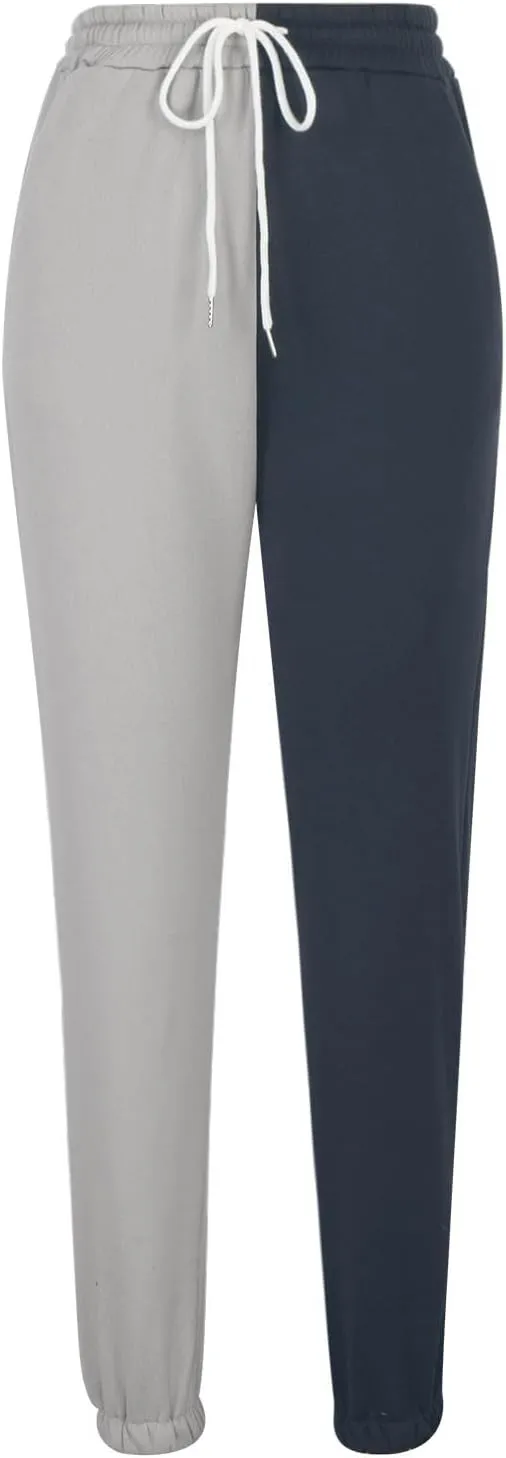Women's Color Block Sweatpants Patchwork Trouser Elastic High Waist Joggers Baggy Pants with Multi-Pockets