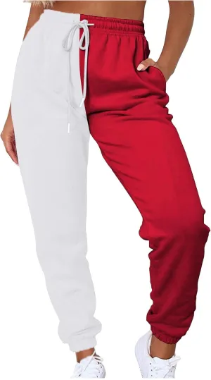 Women's Color Block Sweatpants Patchwork Trouser Elastic High Waist Joggers Baggy Pants with Multi-Pockets