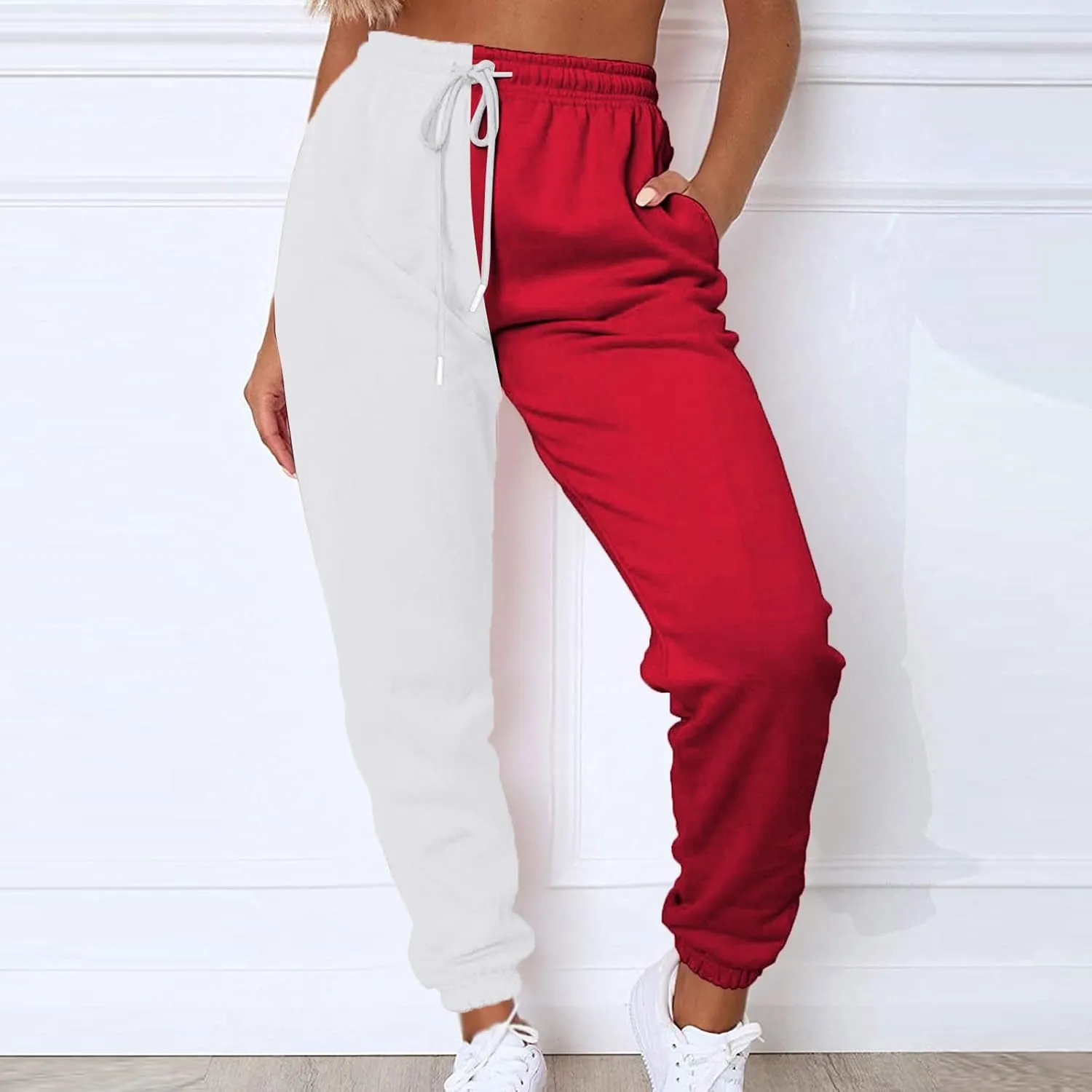 Women's Color Block Sweatpants Patchwork Trouser Elastic High Waist Joggers Baggy Pants with Multi-Pockets