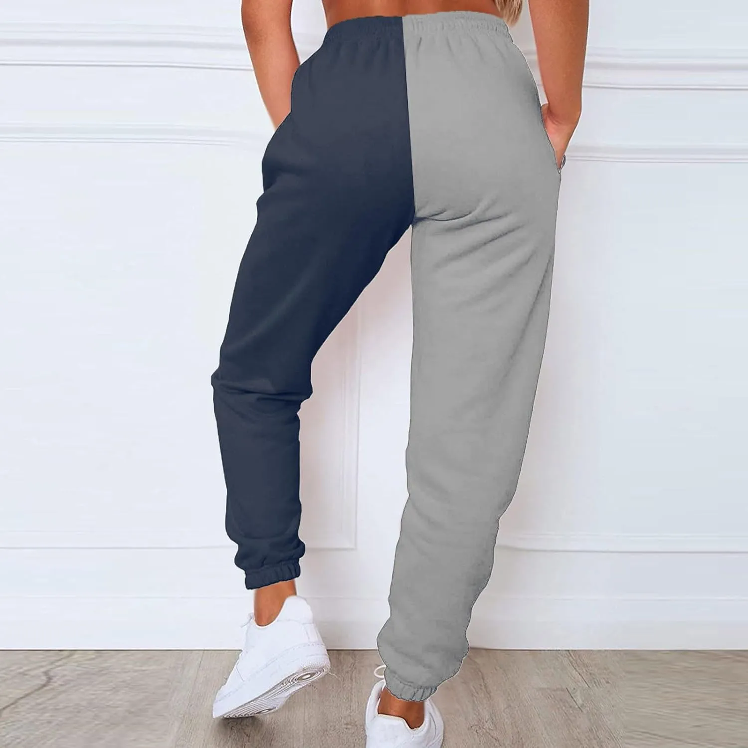 Women's Color Block Sweatpants Patchwork Trouser Elastic High Waist Joggers Baggy Pants with Multi-Pockets