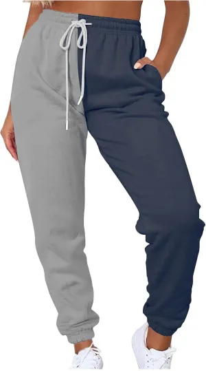 Women's Color Block Sweatpants Patchwork Trouser Elastic High Waist Joggers Baggy Pants with Multi-Pockets