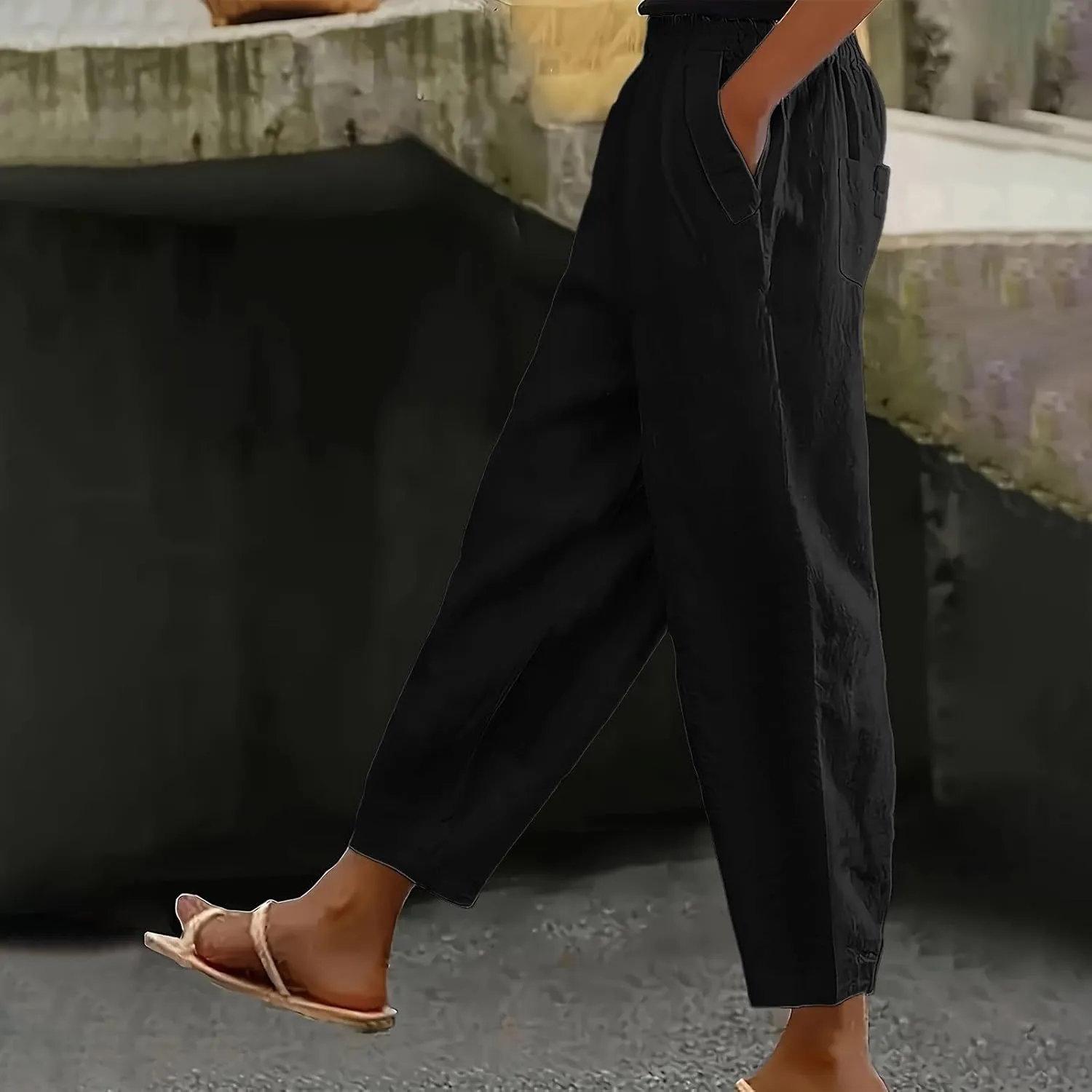 Women's Cotton Linen Pants 2025 Summer Casual Elastic Waist Trousers Straight Leg Relax Fit Comfy Yoga Beach Pant