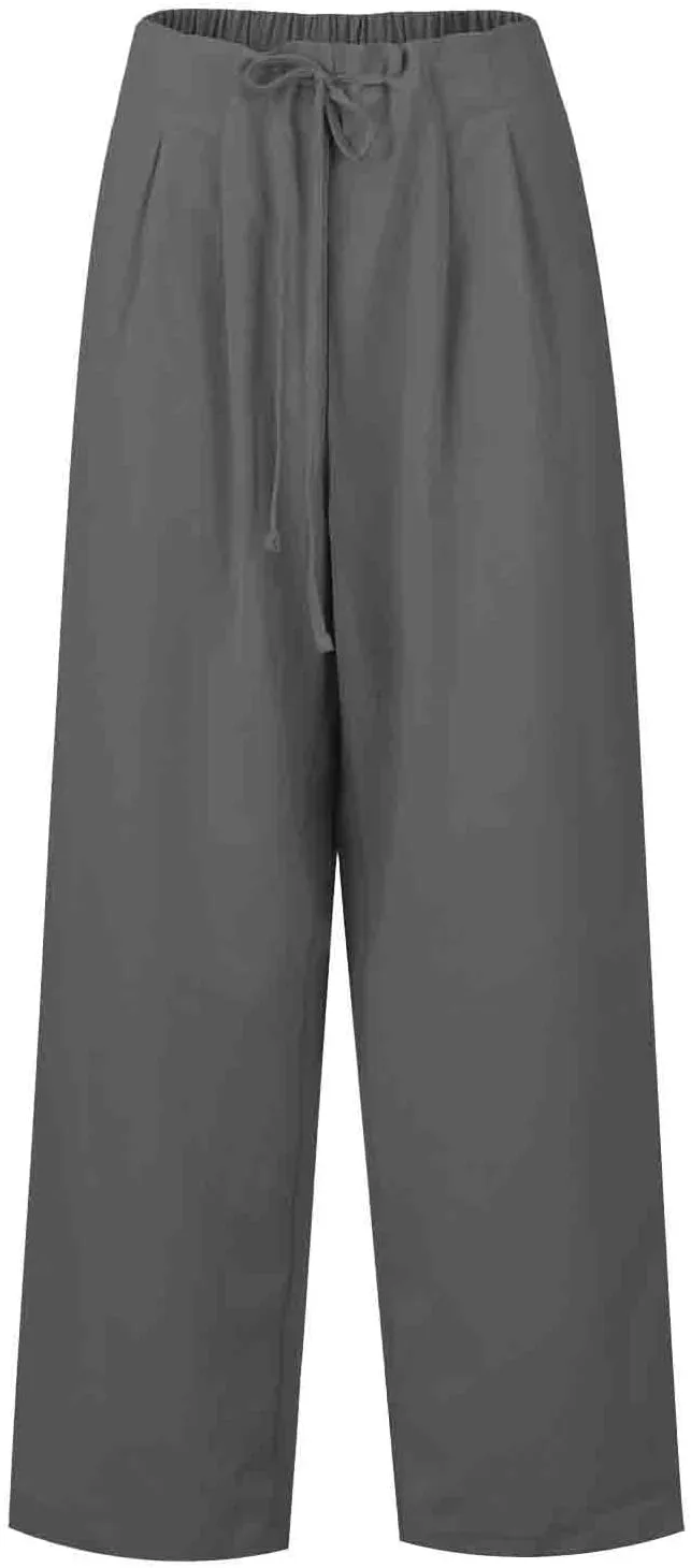 Women's Cotton Linen Pants Summer Drawstring High Waist baggt Wide Leg Pants Casual Loose Trousers with Pockets